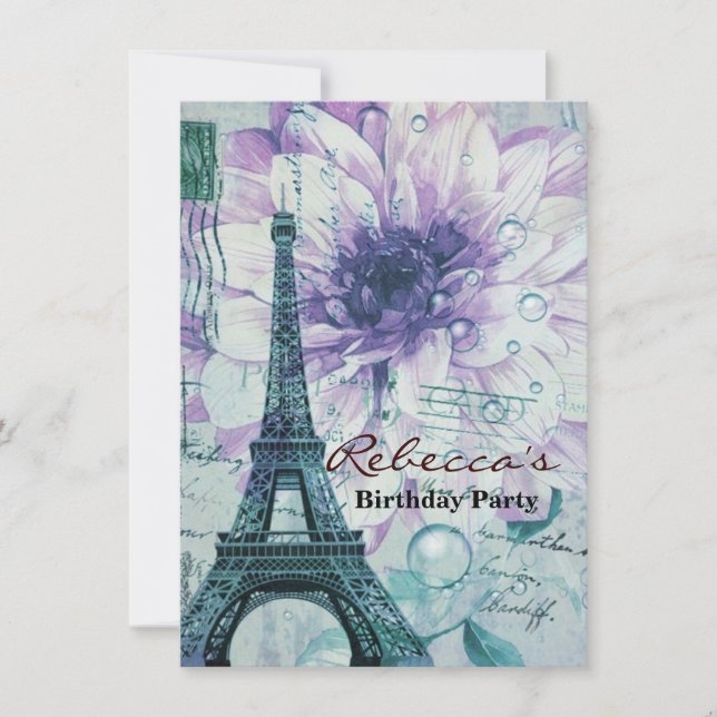 purple floral Vintage Paris Eiffel Tower Invitation (Front)