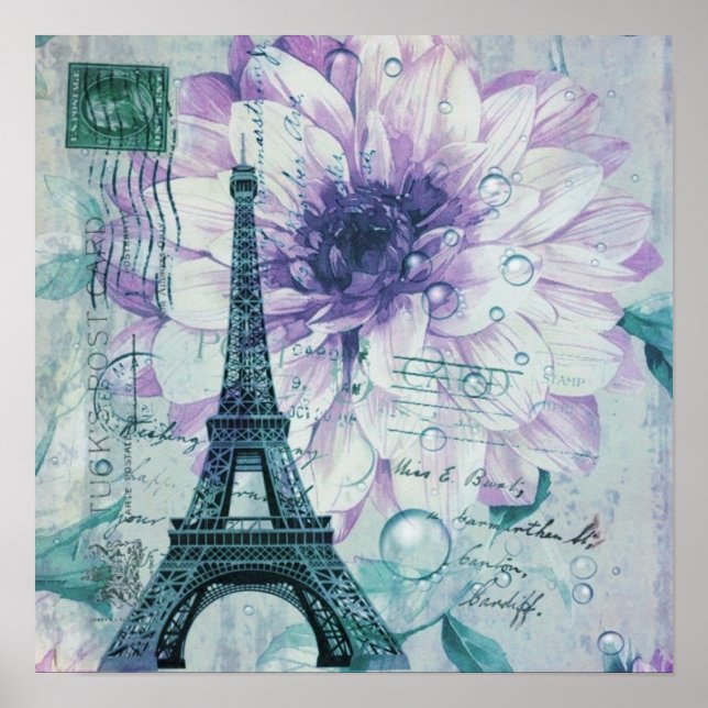 purple floral Vintage Paris Eiffel Tower Poster (Front)