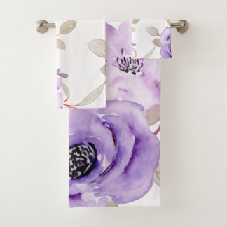 Purple Floral Watercolor Bash White Bath Towel Set