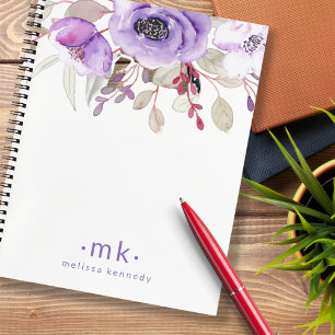 Purple Floral Watercolor Custom Name Monogram Notebook
