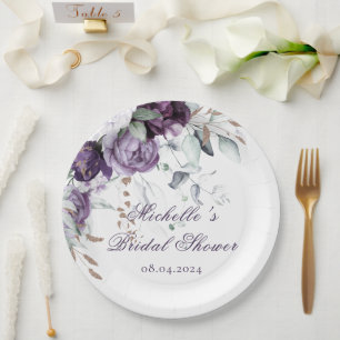 Purple Floral Watercolor Elegant Bridal Shower Paper Plate