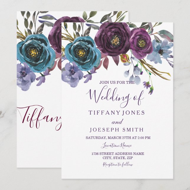 Purple Floral Watercolor Elegant Wedding Invite (Front/Back)