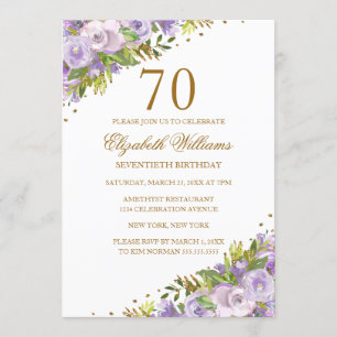 Purple Floral Watercolor Gold 70th Birthday Invitation