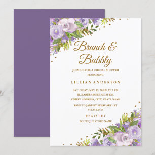 Purple Floral Watercolor Gold Brunch And Bubbly Invitation