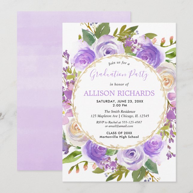 Purple Floral watercolor graduation party Invitation (Front/Back)