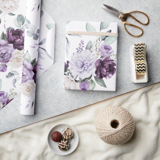 Purple Floral Watercolor Modern Elegant Wrapping Paper (Crafts)