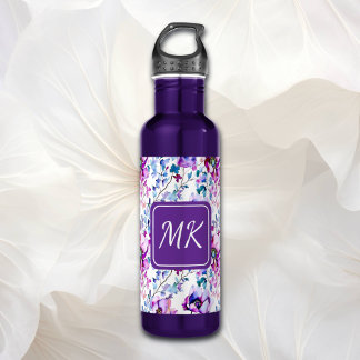 Purple Floral Watercolor Monogrammed 710 Ml Water Bottle