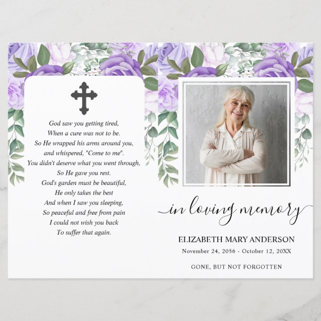 Purple Floral Watercolor Photo Funeral Program (Front)