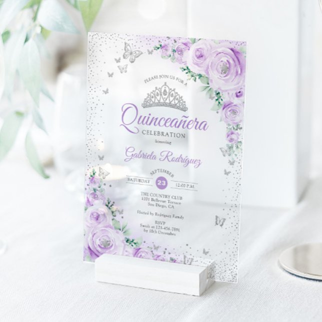 Purple Floral Watercolor Roses Quinceanera Acrylic Invitations (Creator Uploaded)