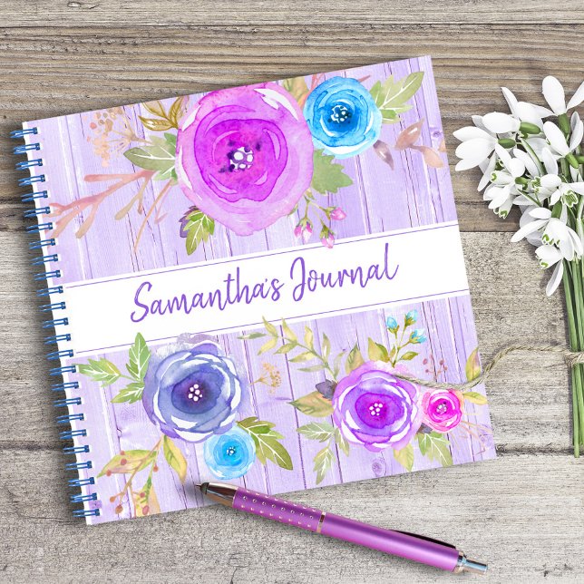 Purple floral watercolor rustic wood custom square notebook (Creator Uploaded)