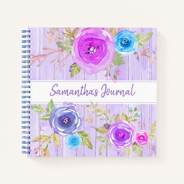 Purple floral watercolor rustic wood custom square notebook (Front)