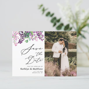 Purple Floral Watercolor Script Photo Wedding Save The Date