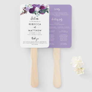 Purple Floral Watercolor Script Wedding Program Hand Fan