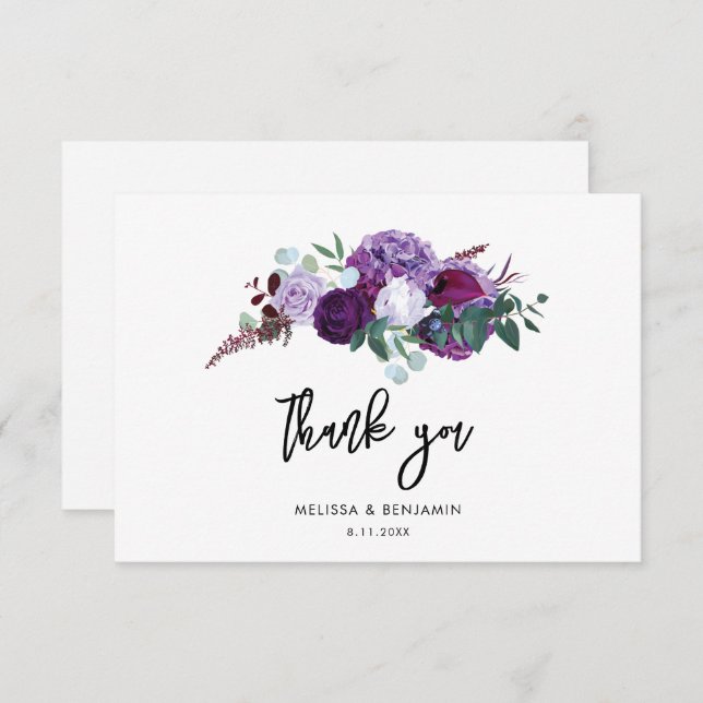 Purple Floral Watercolor Script Wedding Thank You Card (Front/Back)