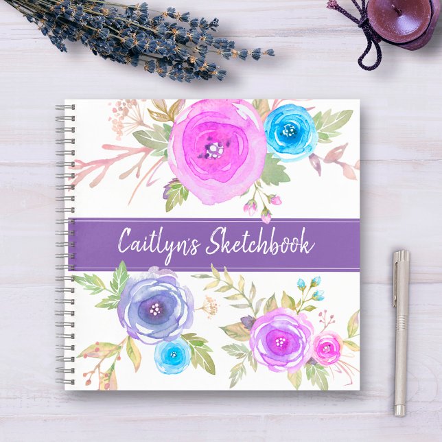 Purple floral watercolor sketchbook script name notebook (Creator Uploaded)