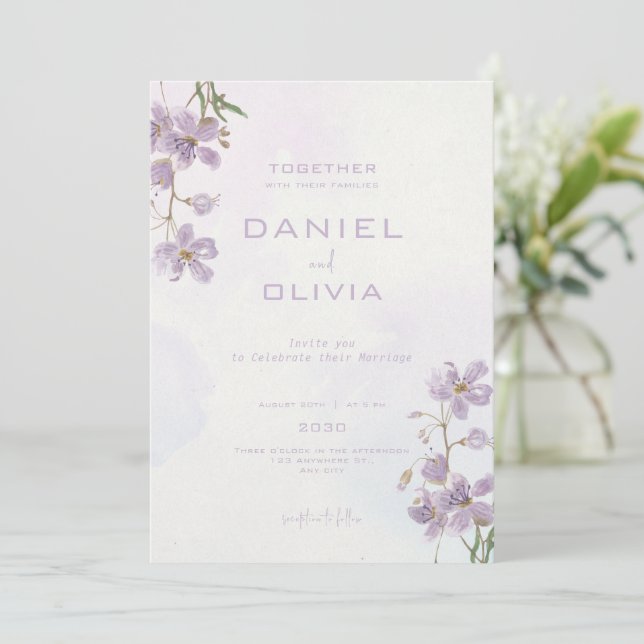 Purple Floral Watercolor Style Wedding Invitation (Standing Front)