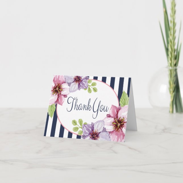 Purple Floral Watercolor Thank You Blue Stripes (Front)