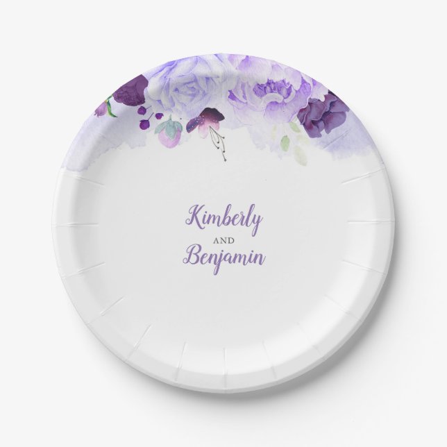 Purple Floral Watercolor Wedding Paper Plate (Front)