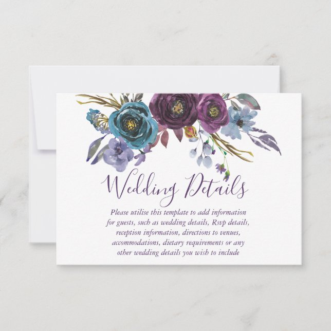 Purple Floral Watercolor Wedding Reception Details Invitation (Front)