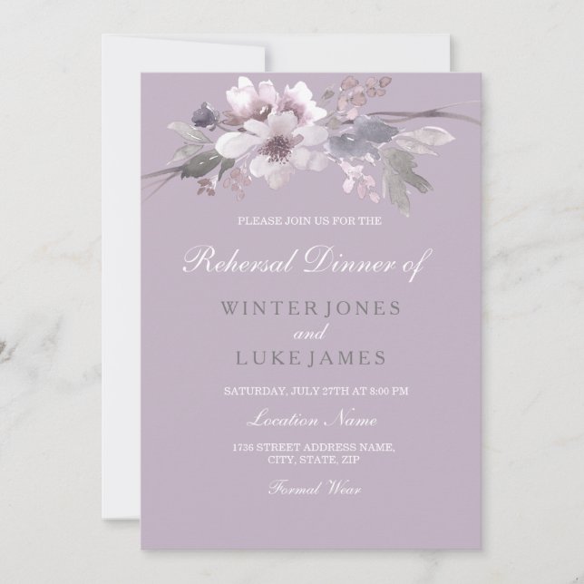 Purple Floral Watercolor Wedding Rehearsal Dinner Invitation (Front)