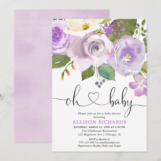 Purple floral watercolors girl baby shower invitation (Front/Back)