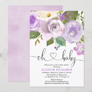 Purple floral watercolors girl baby shower invitation