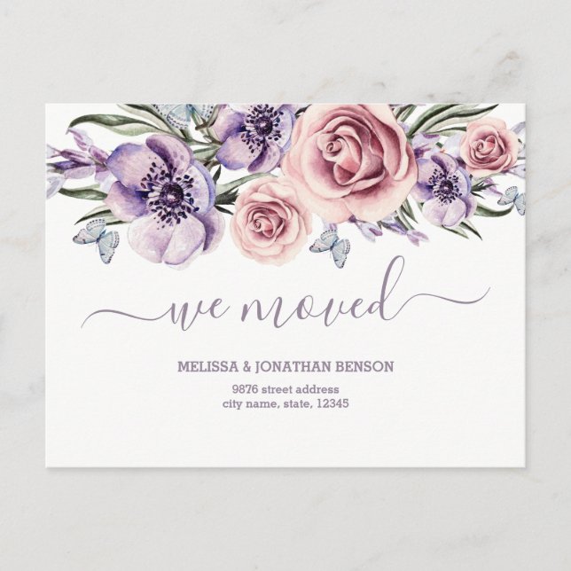 Purple Floral We Moved New Home Address  Announcement Postcard (Front)