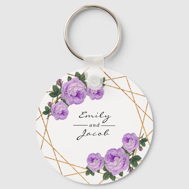 Purple Floral Wed Elegant Gold Glitter Geometric Keychain (Front)