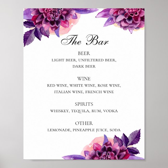 Purple floral wedding alcohol drinks bar menu poster (Front)