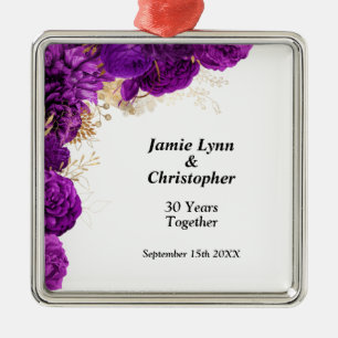 Purple Floral Wedding Anniversary Metal Ornament