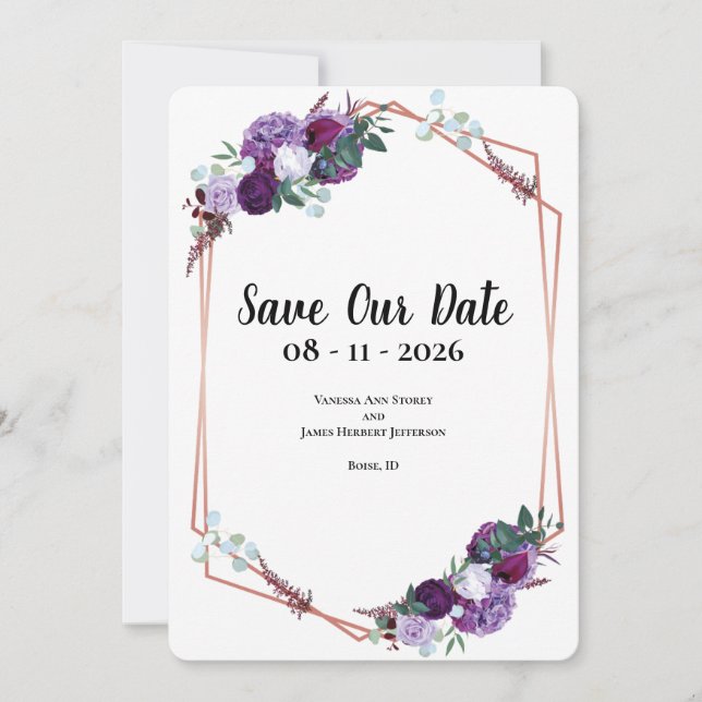 Purple Floral Wedding Announcement Save the Date (Front)