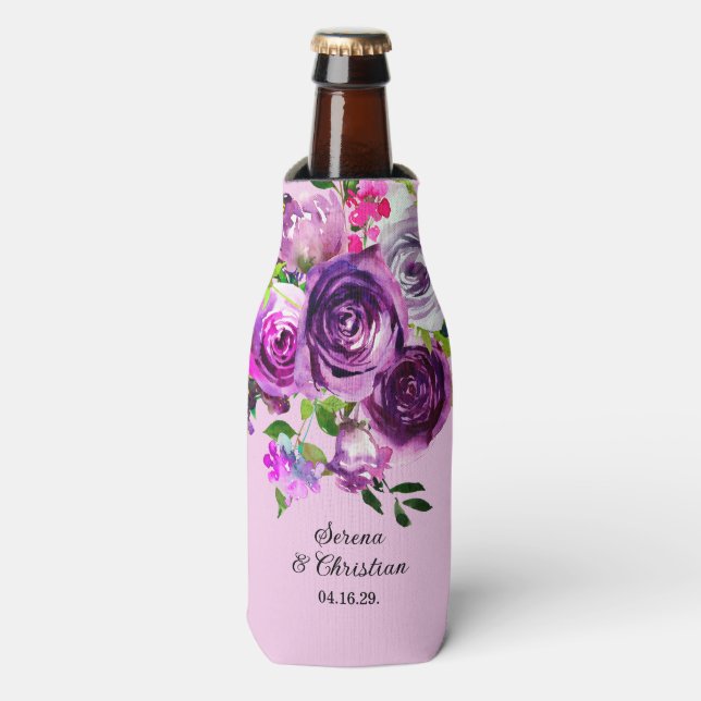 Purple Floral Wedding Bottle Cooler (Bottle Front)