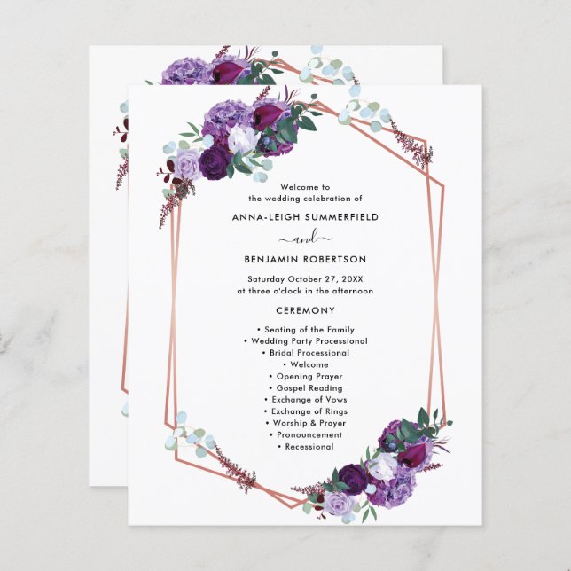 Purple Floral Wedding Ceremony Program (Front/Back)