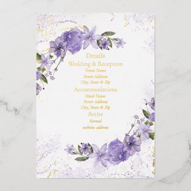 Purple Floral Wedding Foil Detail Card (Front)