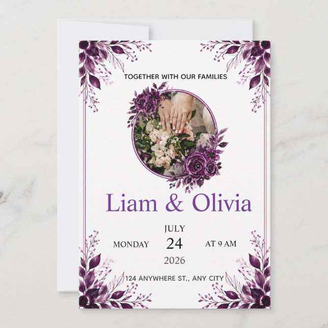 Purple Floral Wedding Invitation  (Front)