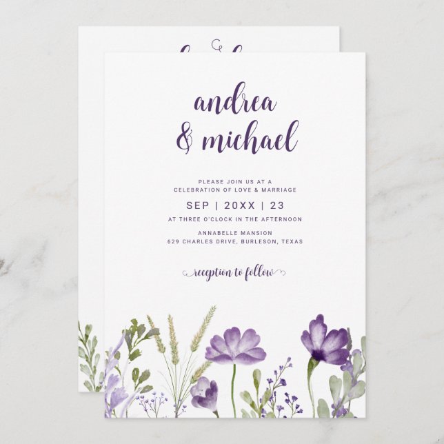 Purple Floral Wedding Invitation with Details Back (Front/Back)