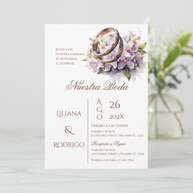 Purple Floral Wedding Invitation with Rings (Standing Front)