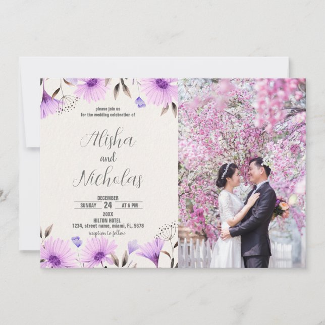 Purple Floral Wedding Invitations with photo (Front)