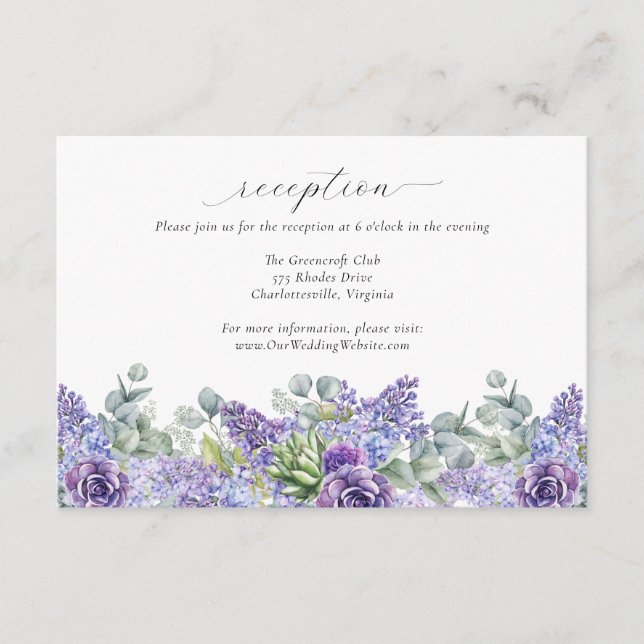 Purple Floral Wedding Online Reception Enclosure Card (Front)