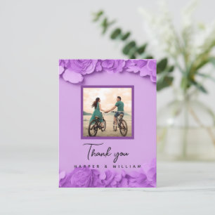 Purple floral wedding photo thank you postcard