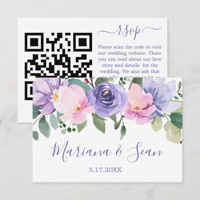 Purple Floral Wedding QR Code Response Card (Front/Back)