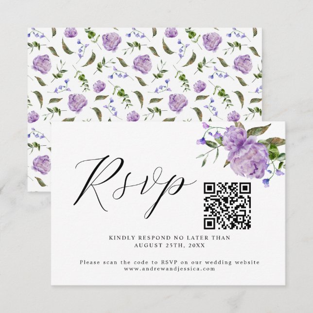 Purple Floral Wedding QR Code RSVP Card (Front/Back)