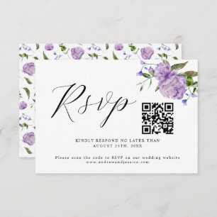 Purple Floral Wedding QR Code RSVP Card