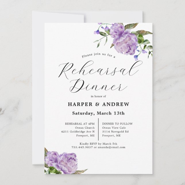 Purple Floral Wedding Rehearsal Dinner Invitation (Front)