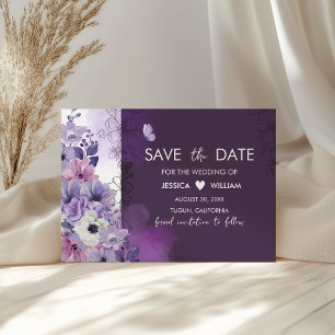 Purple Floral Wedding Save the Date Card