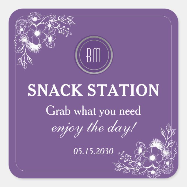 Purple Floral Wedding Snack Station Square Sticker (Front)