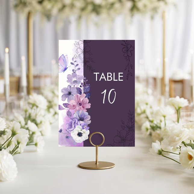 Purple Floral Wedding Table Number Card (Creator Uploaded)