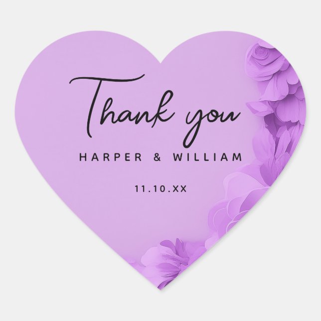 Purple floral wedding thank you  heart sticker (Front)