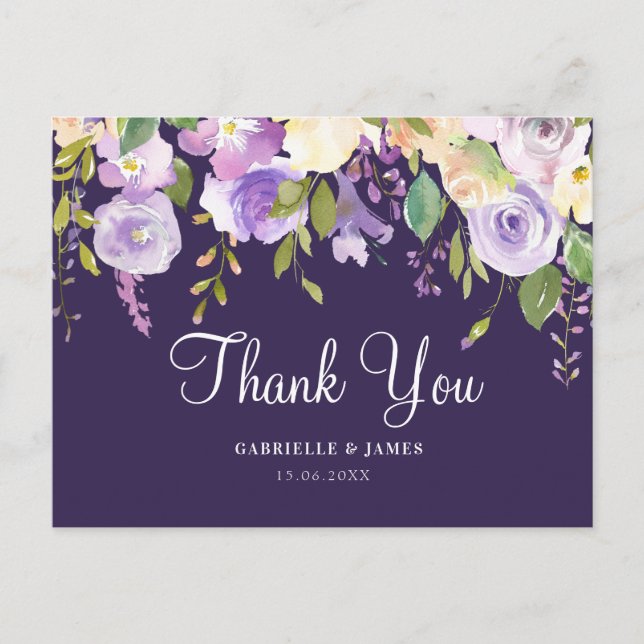 Purple floral wedding thank you postcard (Front)