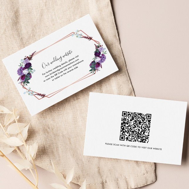 Purple Floral Wedding Website Enclosure Card (Purple Floral Wedding Website with QR Code Enclosure Card)